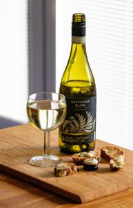 La Carnia e le sue vallate A bottle of Sauvignon Blanc paired with artisan bread and cheese on a wooden board.