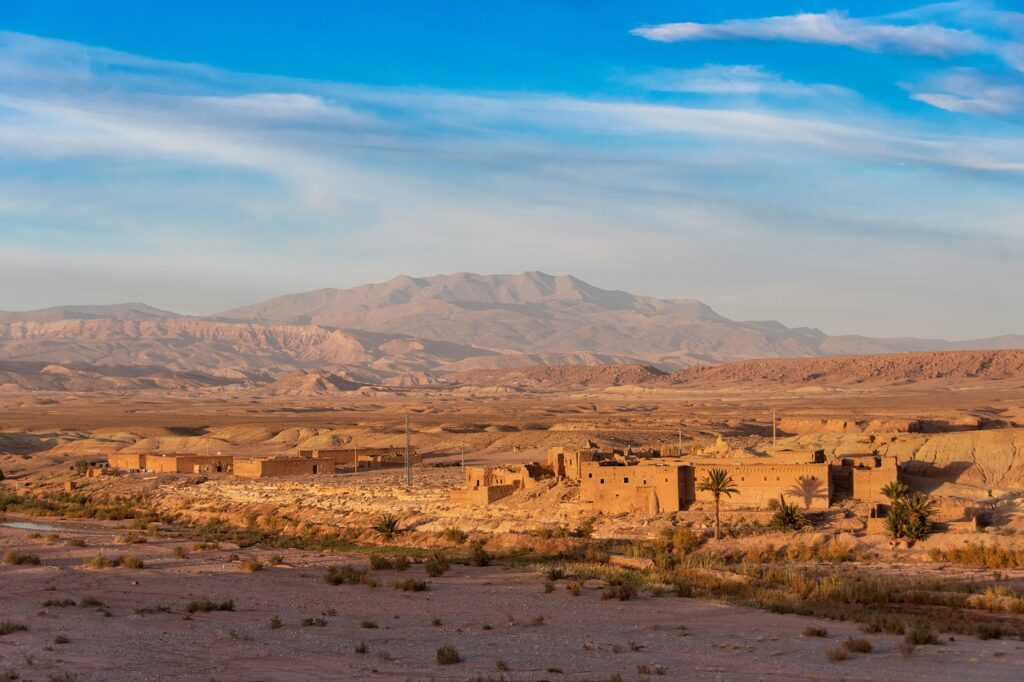 morocco, sky, africa, continent, landscape, sand, hills, dirham, marocco, blue sky, nature, wilderness, desert, blue, city, village, buildings, kasbah, dry